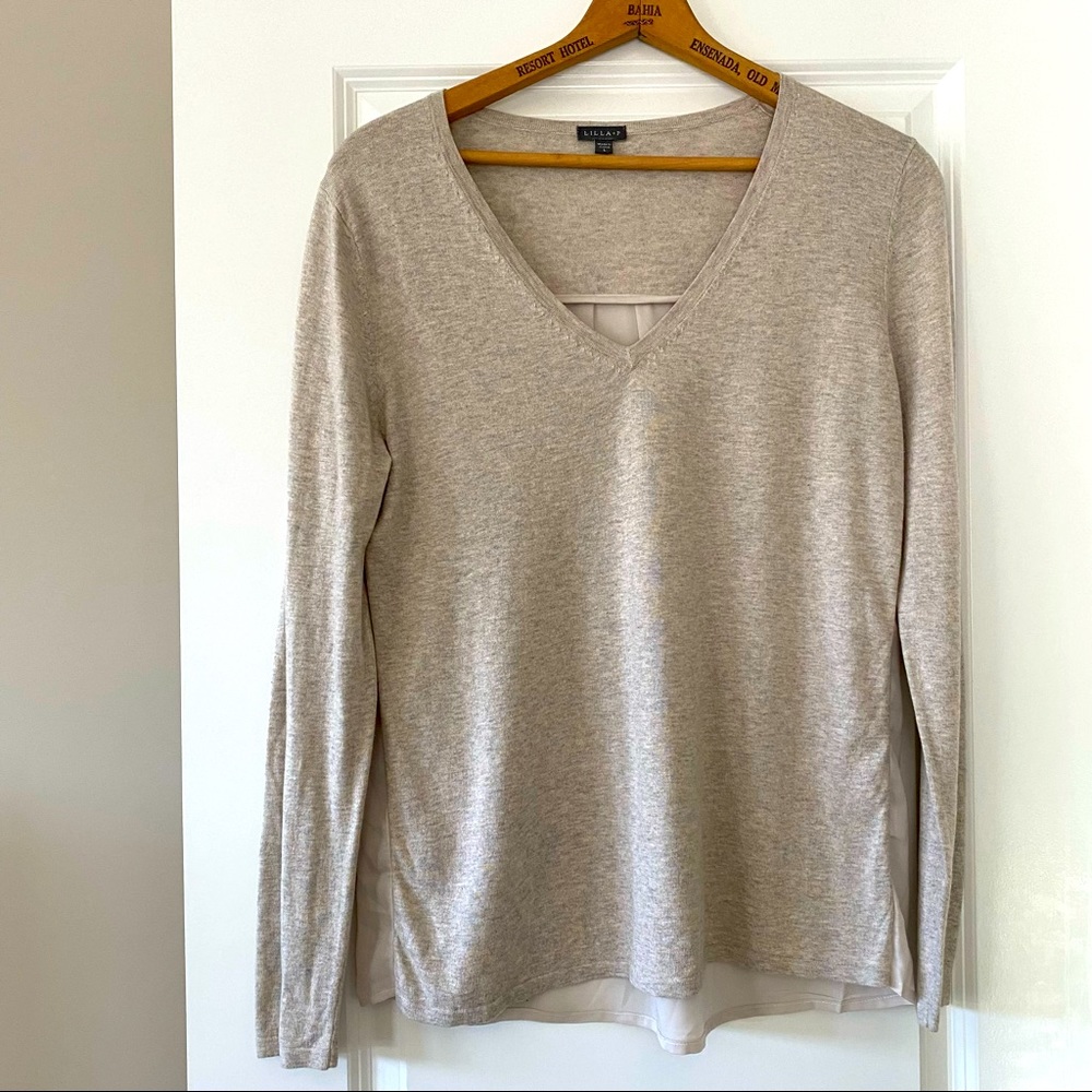 Anthro Lilla P Heather Oatmeal Sweater w Pleated, Flowing Back, Mixed Media Lrg.